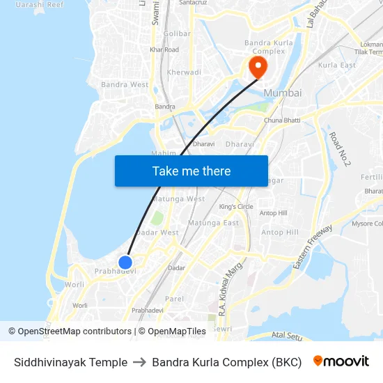 Siddhivinayak Temple to Bandra Kurla Complex (BKC) map