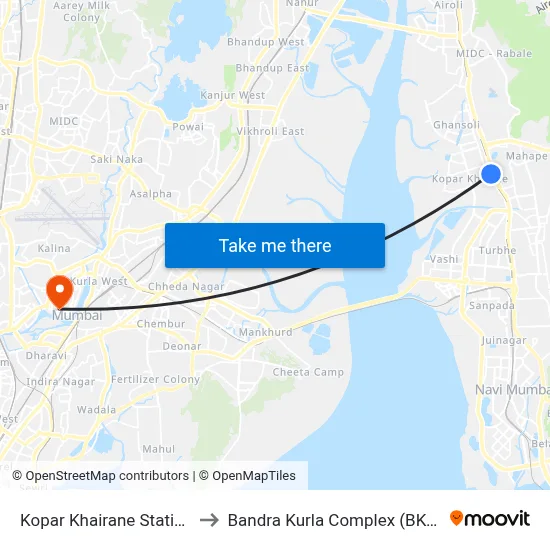 Kopar Khairane Station to Bandra Kurla Complex (BKC) map