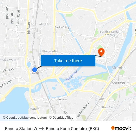 Bandra Station W to Bandra Kurla Complex (BKC) map