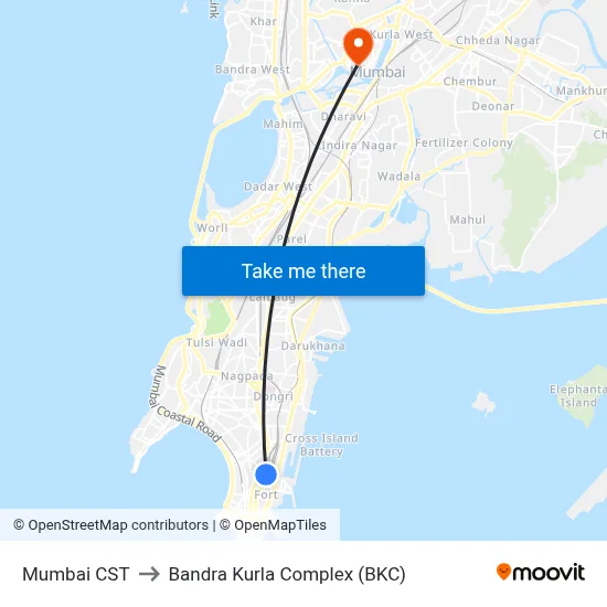 Mumbai CST to Bandra Kurla Complex (BKC) map