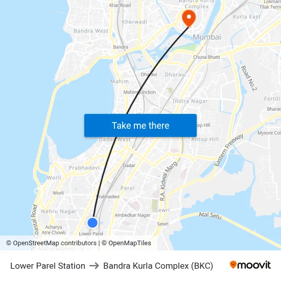 Lower Parel Station to Bandra Kurla Complex (BKC) map