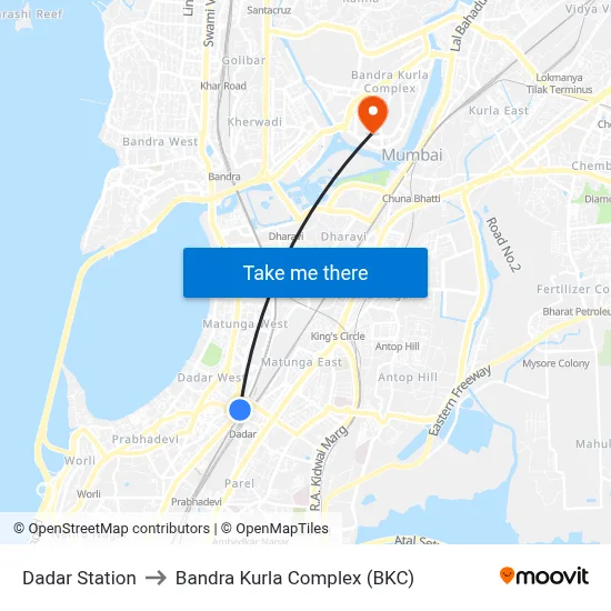 Dadar Station to Bandra Kurla Complex (BKC) map