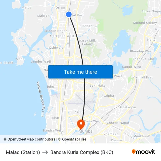 Malad (Station) to Bandra Kurla Complex (BKC) map
