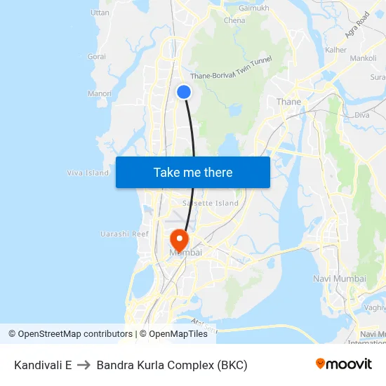 Kandivali E to Bandra Kurla Complex (BKC) map