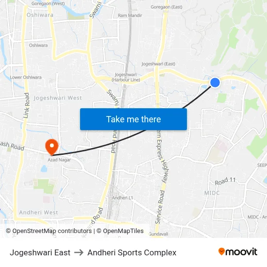 Jogeshwari East to Andheri Sports Complex map
