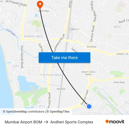 Mumbai Airport BOM to Andheri Sports Complex map