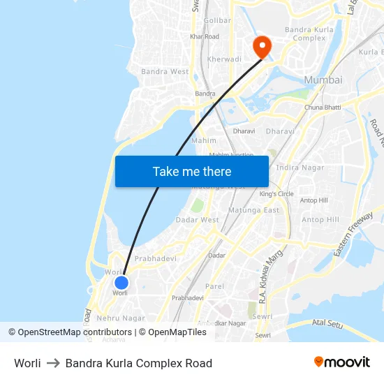Worli to Bandra Kurla Complex Road map
