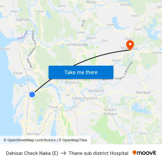 Dahisar Check Naka (E) to Thane sub district Hospital map