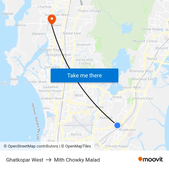 Ghatkopar West to Mith Chowky Malad map