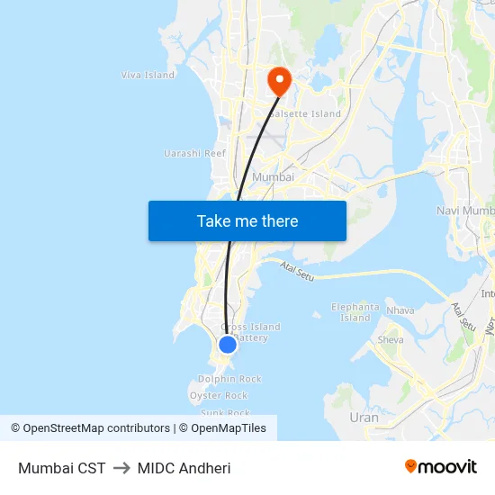 Mumbai CST to MIDC Andheri map