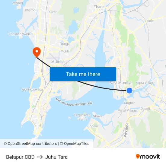 Belapur CBD to Juhu Tara map