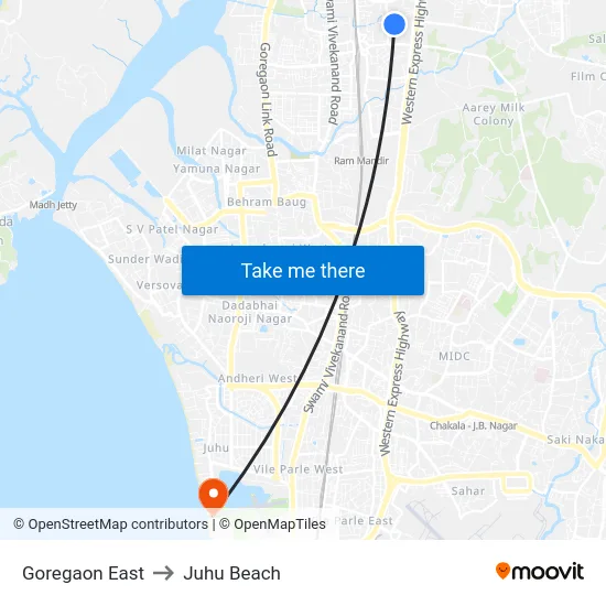 Goregaon East to Juhu Beach map
