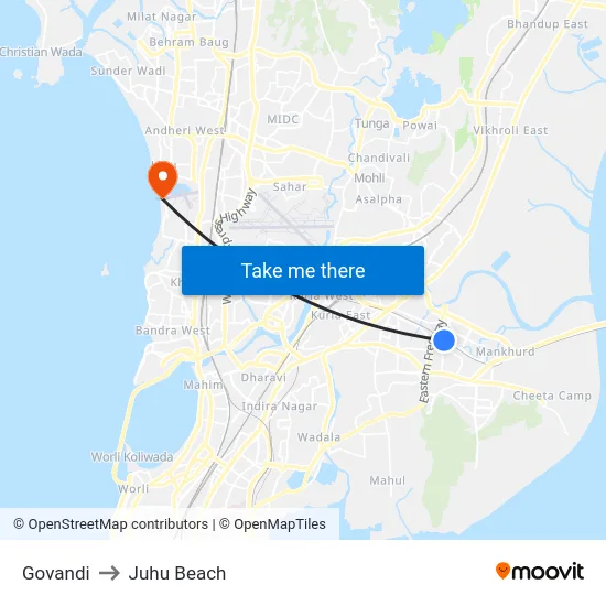Govandi to Juhu Beach map