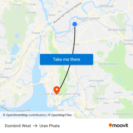 Dombivli West to Uran Phata map