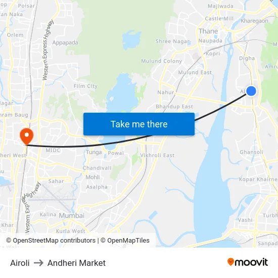 Airoli to Andheri Market map