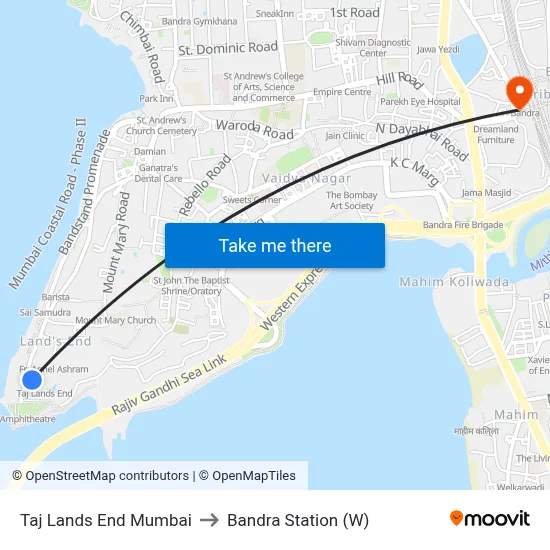 Taj Lands End Mumbai to Bandra Station (W) map
