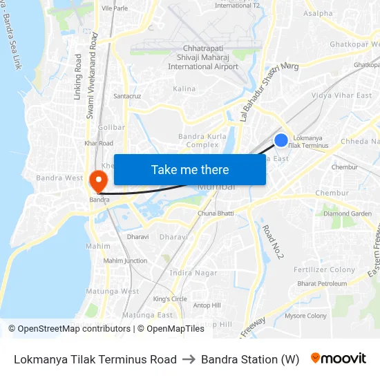 Lokmanya Tilak Terminus Road to Bandra Station (W) map