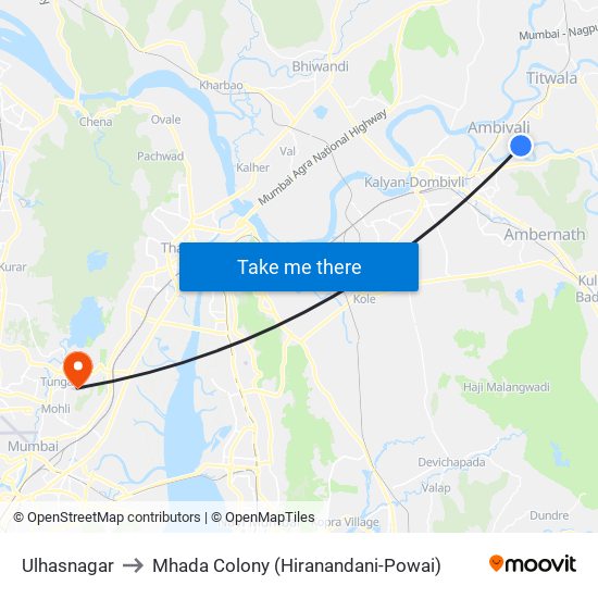 Ulhasnagar to Mhada Colony (Hiranandani-Powai) map