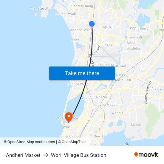 Andheri Market to Worli Village Bus Station map