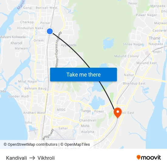 Kandivali to Vikhroli map