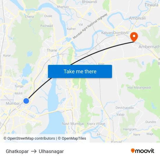 Ghatkopar to Ulhasnagar map
