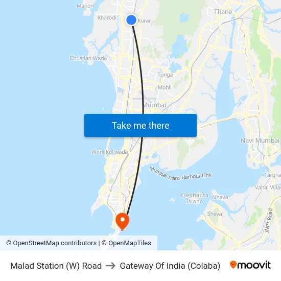 Malad Station (W) Road to Gateway Of India (Colaba) map