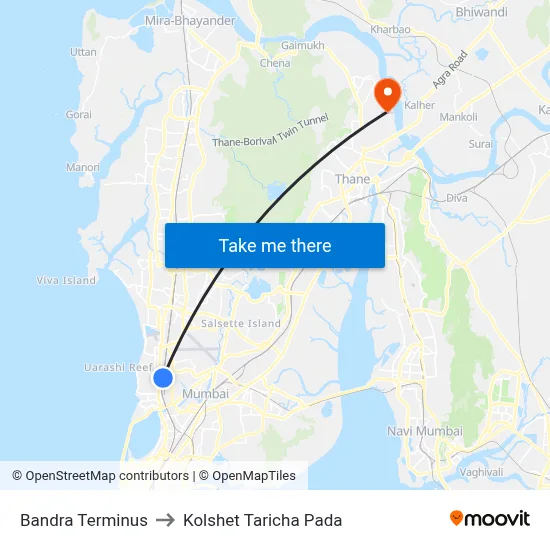 Bandra Terminus to Kolshet Taricha Pada map