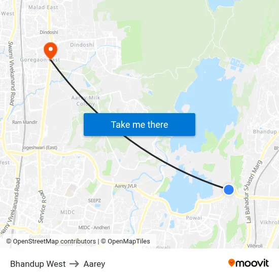 Bhandup West to Aarey map