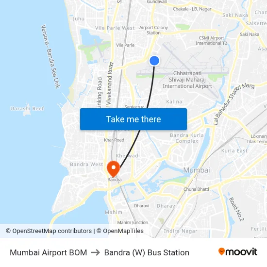 Mumbai Airport BOM to Bandra (W) Bus Station map