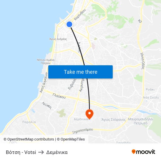 Βότση - Votsi to Δεμένικα map
