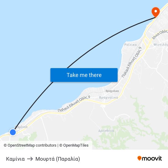 Καμίνια to Μουρτά (Παραλία) map