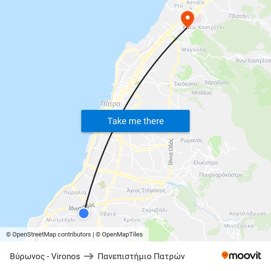 Βύρωνος - Vironos to Πανεπιστήμιο Πατρών map