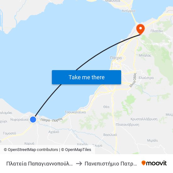 Πλατεία Παπαγιαννοπούλου to Πανεπιστήμιο Πατρών map