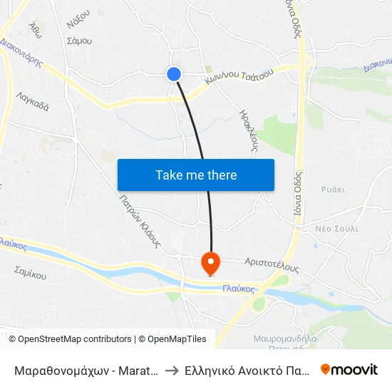Μαραθονομάχων - Marathonomahon to Ελληνικό Ανοικτό Πανεπιστήμιο map