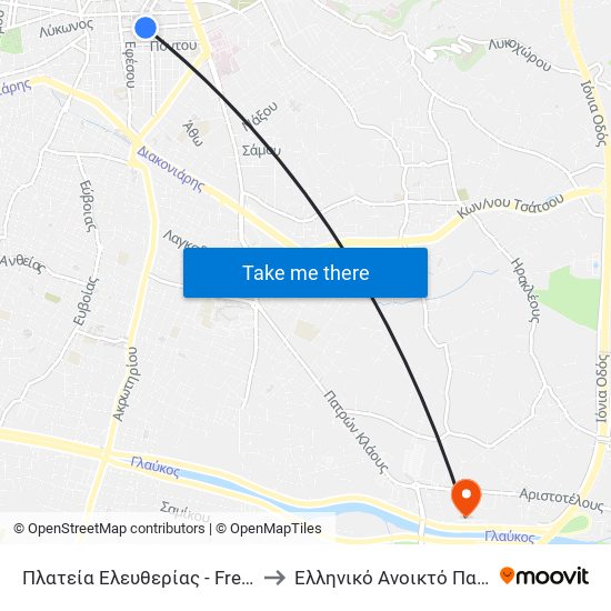Πλατεία Ελευθερίας - Freedom Square to Ελληνικό Ανοικτό Πανεπιστήμιο map