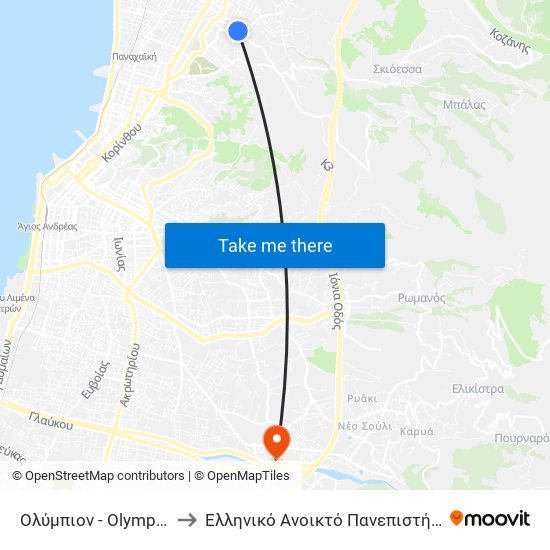 Ολύμπιον - Olympion to Ελληνικό Ανοικτό Πανεπιστήμιο map