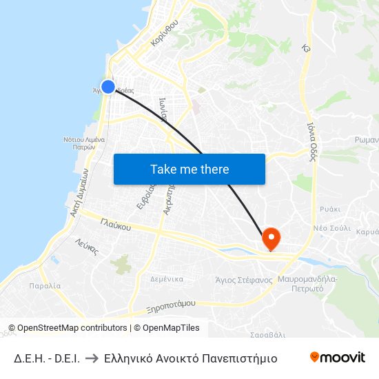 Δ.Ε.Η. - D.E.I. to Ελληνικό Ανοικτό Πανεπιστήμιο map