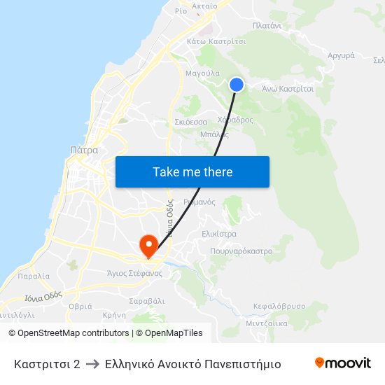 Καστριτσι 2 to Ελληνικό Ανοικτό Πανεπιστήμιο map