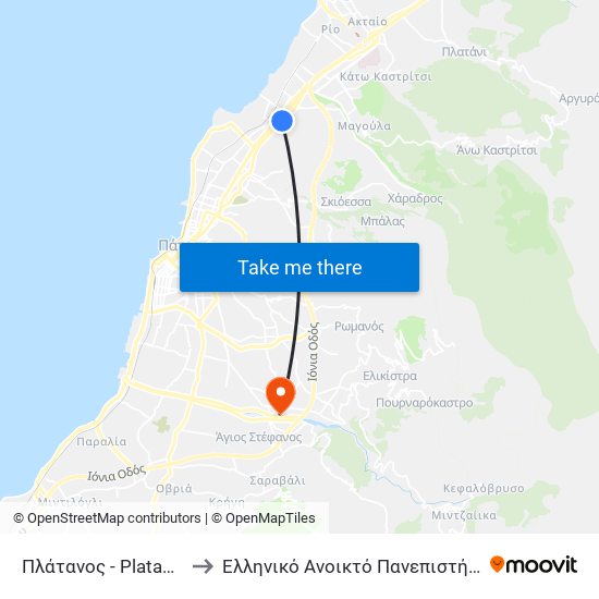 Πλάτανος - Platanos to Ελληνικό Ανοικτό Πανεπιστήμιο map