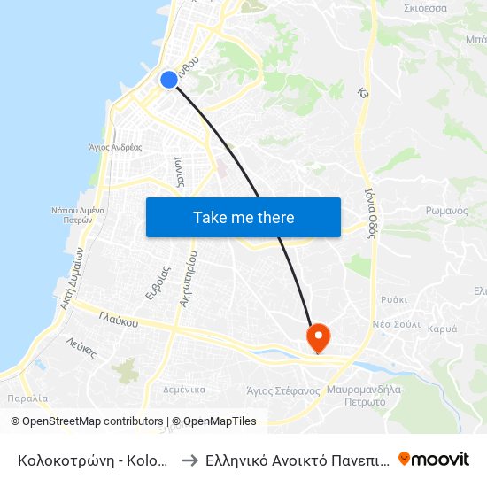 Κολοκοτρώνη - Kolokotroni to Ελληνικό Ανοικτό Πανεπιστήμιο map