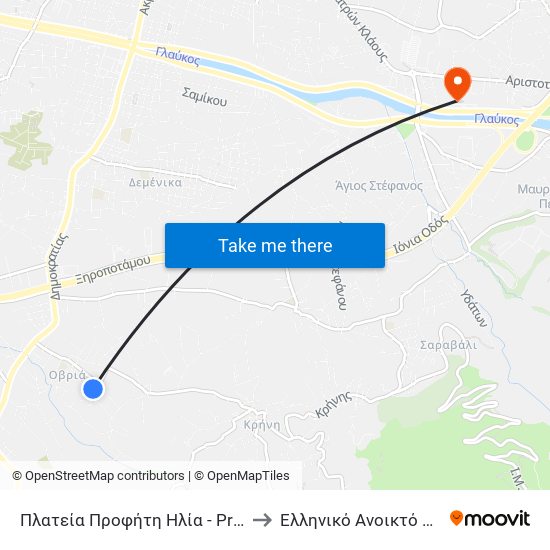 Πλατεία Προφήτη Ηλία - Prophet Ilias Square to Ελληνικό Ανοικτό Πανεπιστήμιο map