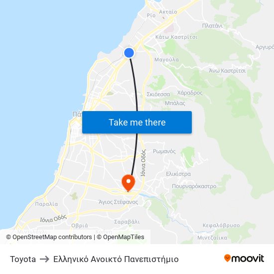 Toyota to Ελληνικό Ανοικτό Πανεπιστήμιο map