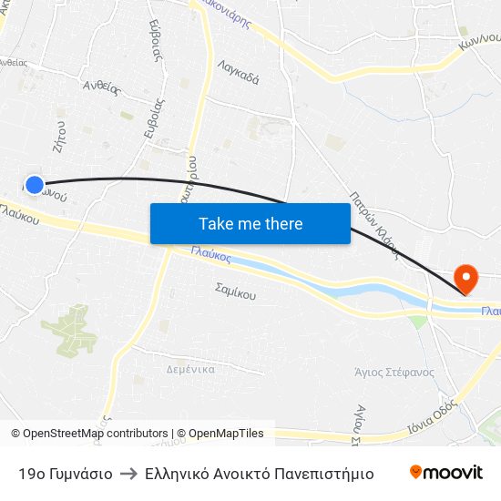 19ο Γυμνάσιο to Ελληνικό Ανοικτό Πανεπιστήμιο map