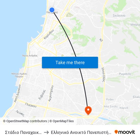 Στάδιο Παναχαικής to Ελληνικό Ανοικτό Πανεπιστήμιο map
