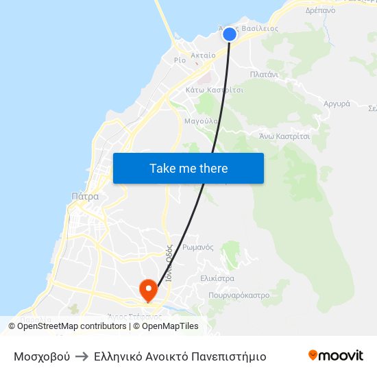 Μοσχοβού to Ελληνικό Ανοικτό Πανεπιστήμιο map