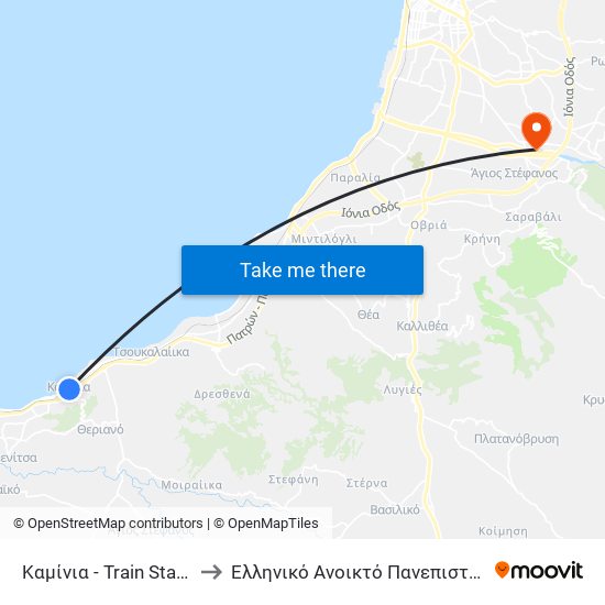 Καμίνια - Train Station to Ελληνικό Ανοικτό Πανεπιστήμιο map