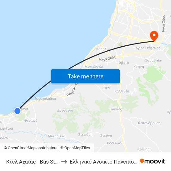 Κτελ Αχαϊας - Bus Station to Ελληνικό Ανοικτό Πανεπιστήμιο map