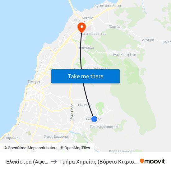 Ελεκίστρα (Αφετηρία) - Elekistra (Start) to Τμήμα Xημείας (Βόρειο Κτίριο) Department Of Chemistry (North Building) map