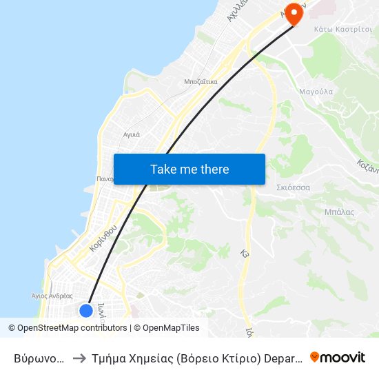 Βύρωνος - Vironos to Τμήμα Xημείας (Βόρειο Κτίριο) Department Of Chemistry (North Building) map