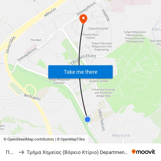 Π.Λ.Π.Π to Τμήμα Xημείας (Βόρειο Κτίριο) Department Of Chemistry (North Building) map